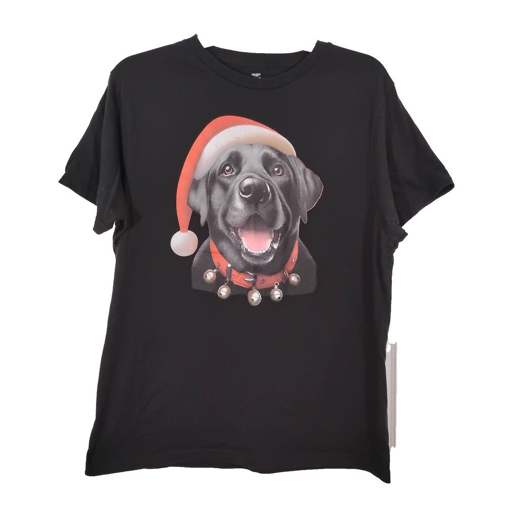Holiday Time XL T-Shirt Black Dog Santa Short Sleeve Pullover Christmas